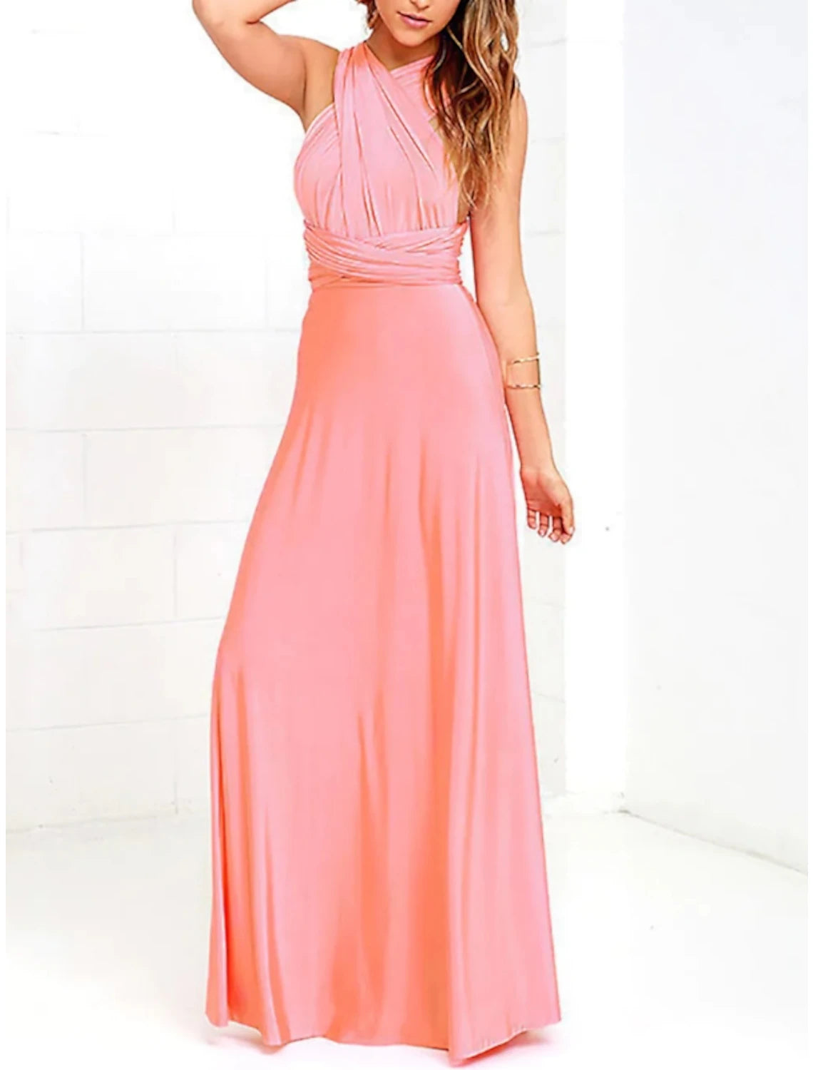 Wholesale Sheath / Column Bridesmaid Dress Halter Sleeveless Convertible Floor Length Spandex with Pleats / Solid Color